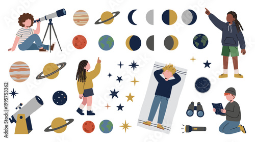 Children exploring space and planets with telescopes and stargazing, illustrating astronomy and childhood curiosity.