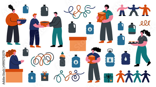 Diverse people helping community with food and water donations, charity and volunteering concept