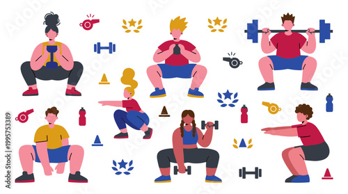 Diverse group of people performing squats with weights and barbells, promoting fitness and healthy lifestyle with vibrant colors and athletic poses