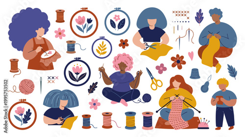 Diverse group of people enjoying creative hobbies like embroidery knitting and sewing with colorful threads and tools