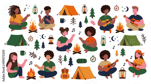 Diverse group of friends enjoying camping and playing music around a campfire under the night sky with tents and trees