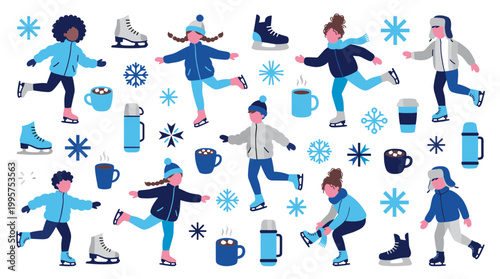 Winter fun with ice skating children and hot drinks on a snowy background, celebrating the joy of winter activities and cozy moments.