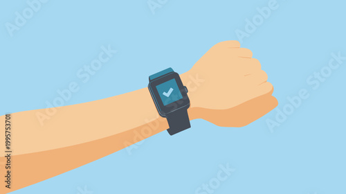 A wrist and arm view with a wearable smartwatch featuring a checkmark symbol against a blue backdrop
