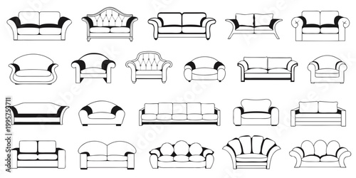 A grid of twenty sofa illustrations, each with distinct shapes and styles. The designs range from classic to modern, varying in armrests, backrests, cushions, and decorative details.