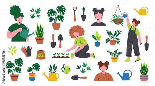 Gardening hobby illustration with people watering plants and tending to seedlings, featuring various potted houseplants and gardening tools in a vibrant flat design style