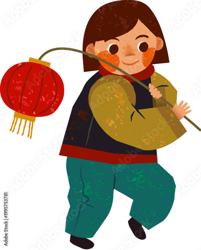 Little girl holds a red lantern for Lantern Festival