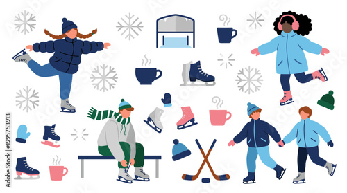 Winter ice skating fun with friends and hot drinks at an outdoor rink surrounded by snowflakes and winter elements