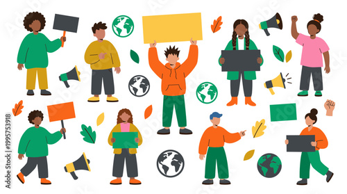 Diverse group of people protesting for environmental protection holding signs and banners with earth symbols and megaphones