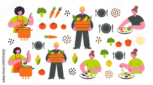 Healthy eating concept with people preparing fresh organic vegetables and cooking delicious vegetarian meals in a bright kitchen setting