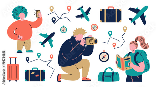 Diverse group of people enjoying travel activities capturing memories with cameras and phones surrounded by luggage airplanes and maps illustrating vacation adventures