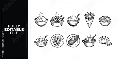 Hand Drawn Asian Soups Rice Bowls and Chopsticks Meal Doodle Icon Set Sketch Vector Illustration EPS