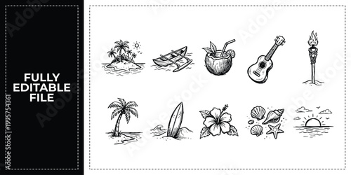 Hand Drawn Tropical Island Palm Tree Cocktails and Relax Doodle Icon Set Sketch Vector EPS