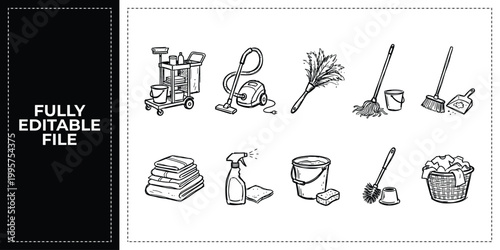 Hand Drawn House Cleaning Tools Vacuum Mop and Chores Doodle Icon Set Sketch Vector EPS