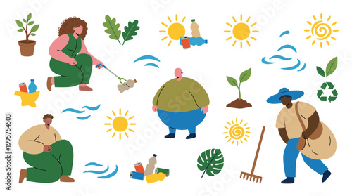 Diverse people cleaning up plastic waste in nature, promoting environmental protection and sustainability with sun and plants