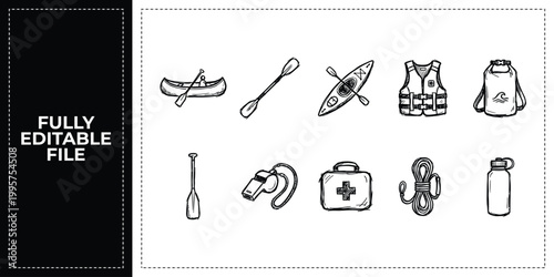Hand Drawn Canoe Kayak Paddling and Water Sports Adventure Doodle Icon Set Sketch Vector EPS