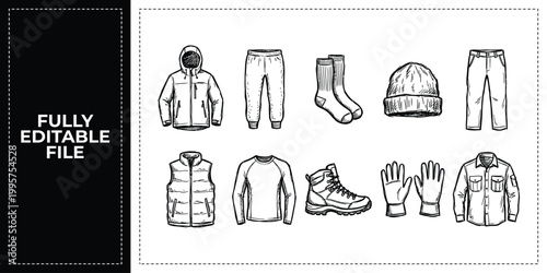 Foto Hand Drawn Winter Clothing Warm Apparel Jackets and Boots Doodle Icon Set Sketch