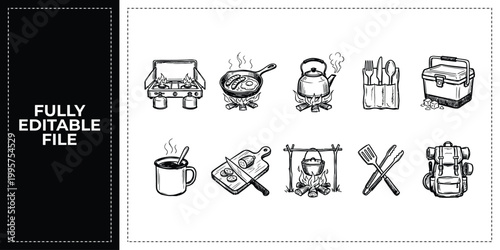 Hand Drawn Campfire Cooking Pots Pans and Outdoor Meal Doodle Icon Set Sketch Vector EPS
