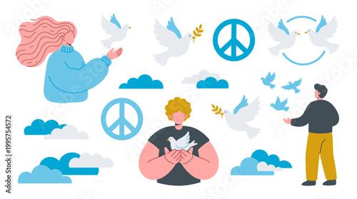 Diverse people release doves and peace symbols symbolizing hope unity and freedom in a stylized flat design with clouds and blue sky