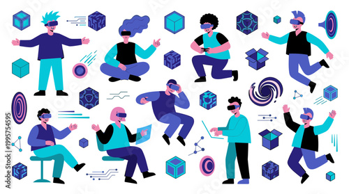 Diverse people immersed in virtual reality experiences exploring futuristic digital worlds and augmented reality interfaces with futuristic elements