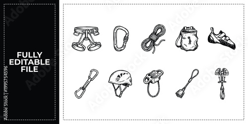 Hand Drawn Rock Climbing Alpinism Gear Carabiner and Rope Doodle Icon Set Sketch Vector EPS