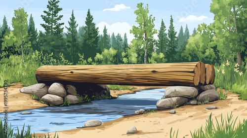 Pixelated artwork depicts a serene woodland scene with a log bridge over a flowing stream