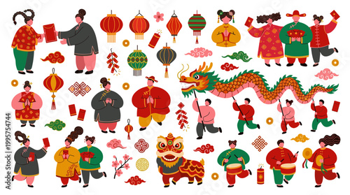 Chinese New Year Celebration with Dragon Dance Lion Dance Lanterns and People in Traditional Costumes