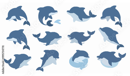 Cute cartoon dolphin vector set with playful aquatic characters in jumping and swimming poses isolated on white