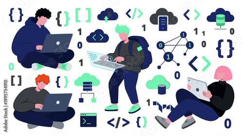 Diverse group of young people coding and working on laptops and tablets in a modern digital environment with cloud computing and network graphics