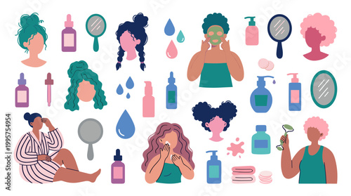 Diverse women performing skincare routines with beauty products and tools for healthy glowing skin, self care concept