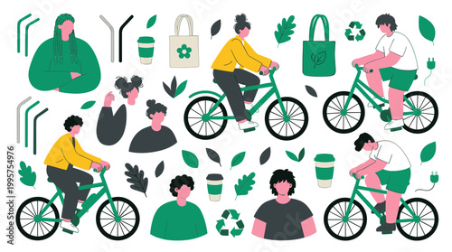Diverse people embracing eco friendly lifestyle cycling to work using reusable bags and cups reducing carbon footprint and promoting sustainability