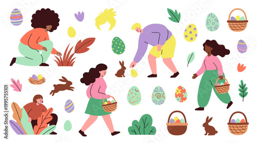 Easter egg hunt celebration with diverse people families and children collecting colorful decorated eggs and bunnies in baskets spring holiday festive outdoor activity