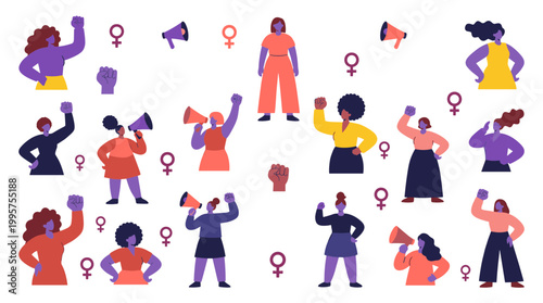 Diverse women united in protest holding megaphones and fists raised symbolizing feminism and social justice movements