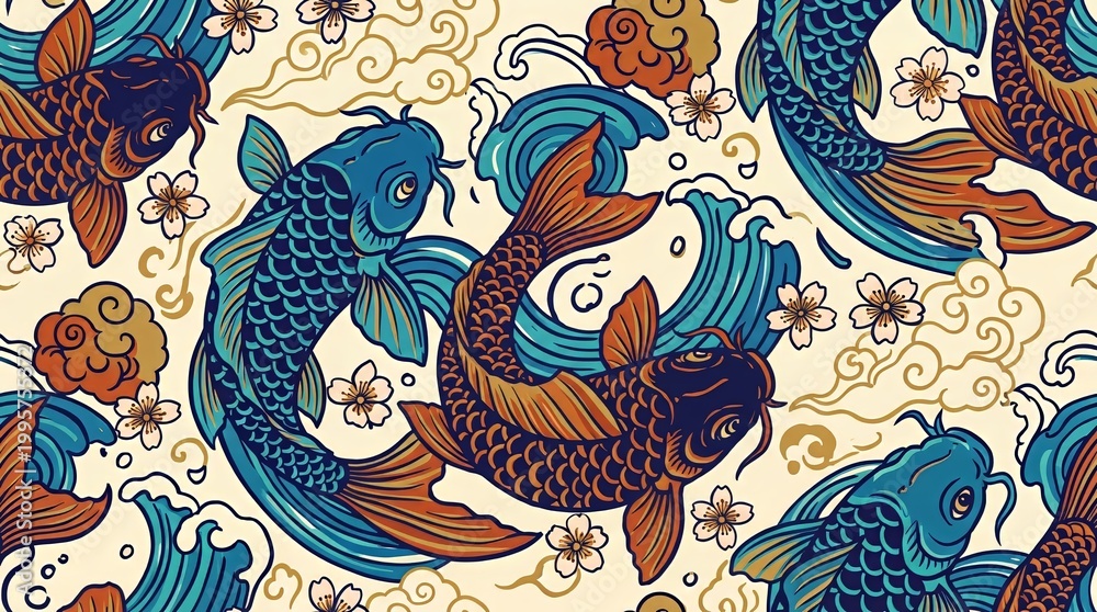 Fototapeta premium Vibrant Koi Fish Pattern: A Celebration of Nature and Japanese Culture in a Dynamic Illustration Filled with Life and Flowing Waves