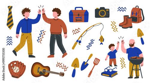 Father and son bonding activities illustration father son high five fishing grilling playing guitar baseball and outdoor hobbies family fun