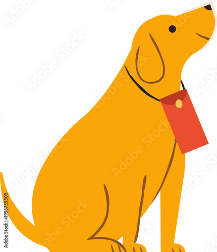 Dog has a red envelop as the collar