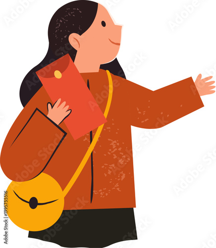 Girl holds a red envelop and talks