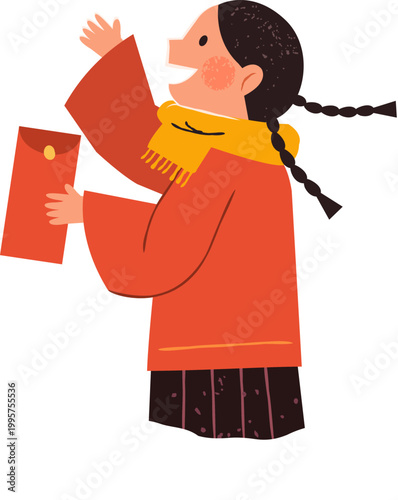 Little gill holds a red envelop and talks happily