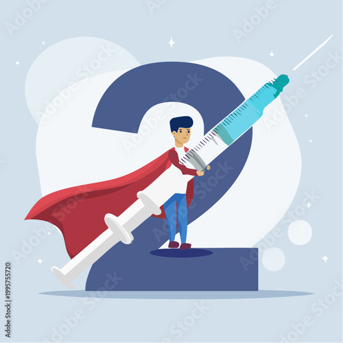 Superhero holding a syringe, representing vaccination and health