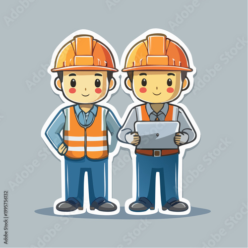 Two Cartoon Construction Workers in Hard Hats and Vests
