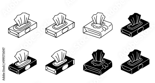 Professional set of tissue box icons in isometric perspective and flat styles for hygiene and healthcare branding design projects isolated on white background for web and print media