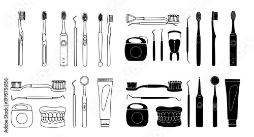Professional dental care and oral hygiene icon set featuring toothbrushes floss and dental tools in outline and solid black styles for clinics and healthcare branding isolated on white
