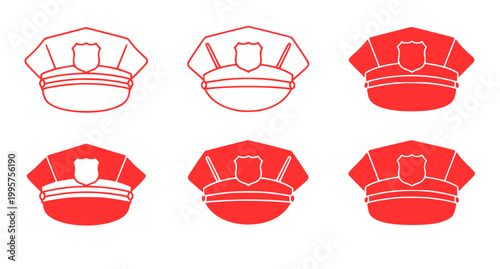Vibrant red police officer cap icons in outline and solid styles for law enforcement branding and graphic design projects isolated on a clean white background for high quality use