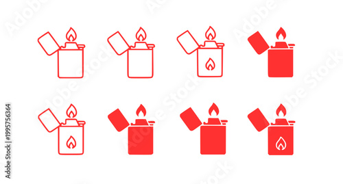 Collection of red cigarette lighters with flame icons in linear and solid fill style for smoking accessory marketing and outdoor gear branding design elements set collection