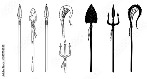 Assortment of ancient hunting tools including stone spears and fishing tridents in black and white vector art style isolated on white background for historical research and design