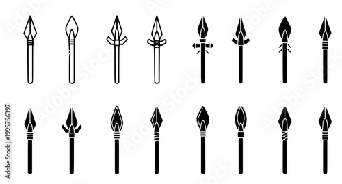 Collection of primitive spearheads and ancient weapon tips in minimal black vector style isolated on white background for historical design projects and archaeological illustration sets