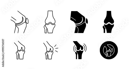 Medical icons of human knee joint anatomy featuring injury and health conditions in clean black and white vector style for orthopedic clinic branding and physical therapy educational materials