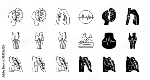 Medical icons representing human anatomy and physical therapy exercises in clean black and white vector format for wellness center branding and healthcare education materials and diagrams