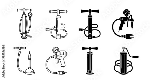 Technical collection of air pump and pressure gauge icons featuring varied industrial designs for hardware store catalogs and workshop equipment maintenance guides in vector format