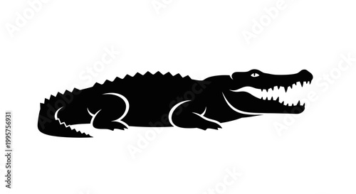 Black Silhouette of an Alligator with Open Mouth, Isolated on White Background