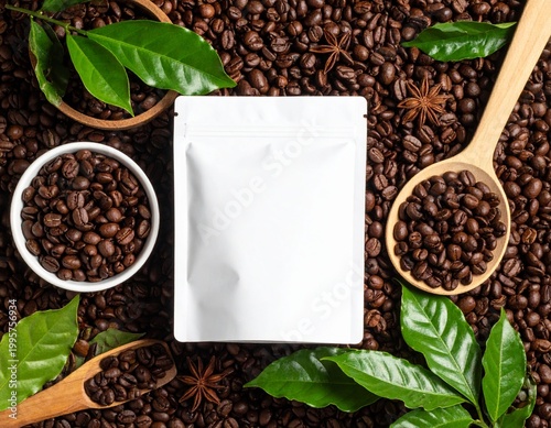 Obraz na płótnie Roasted coffee beans with coffee package mockup